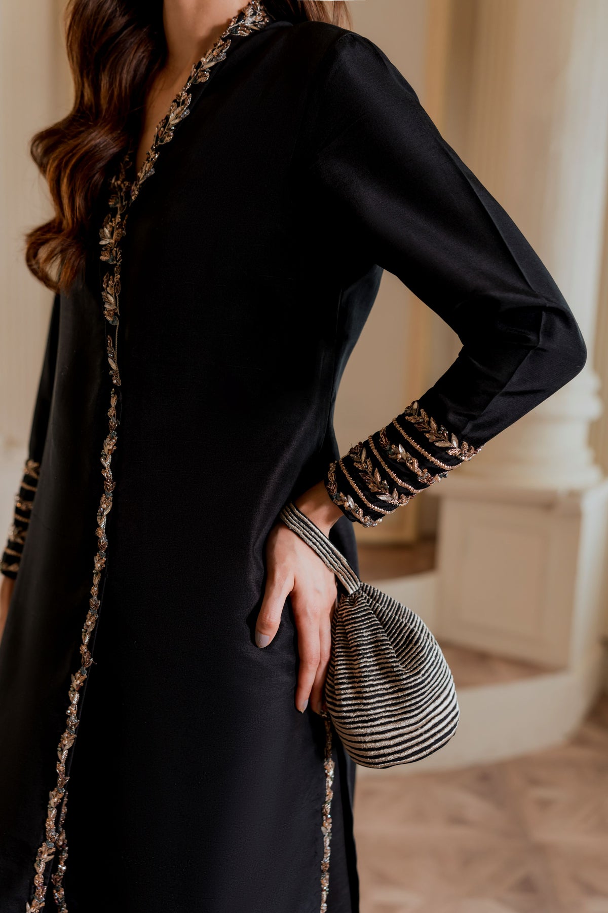 Black Botanical Embroidered Raw Silk Salwar Kameez (2-Piece) - Image 7