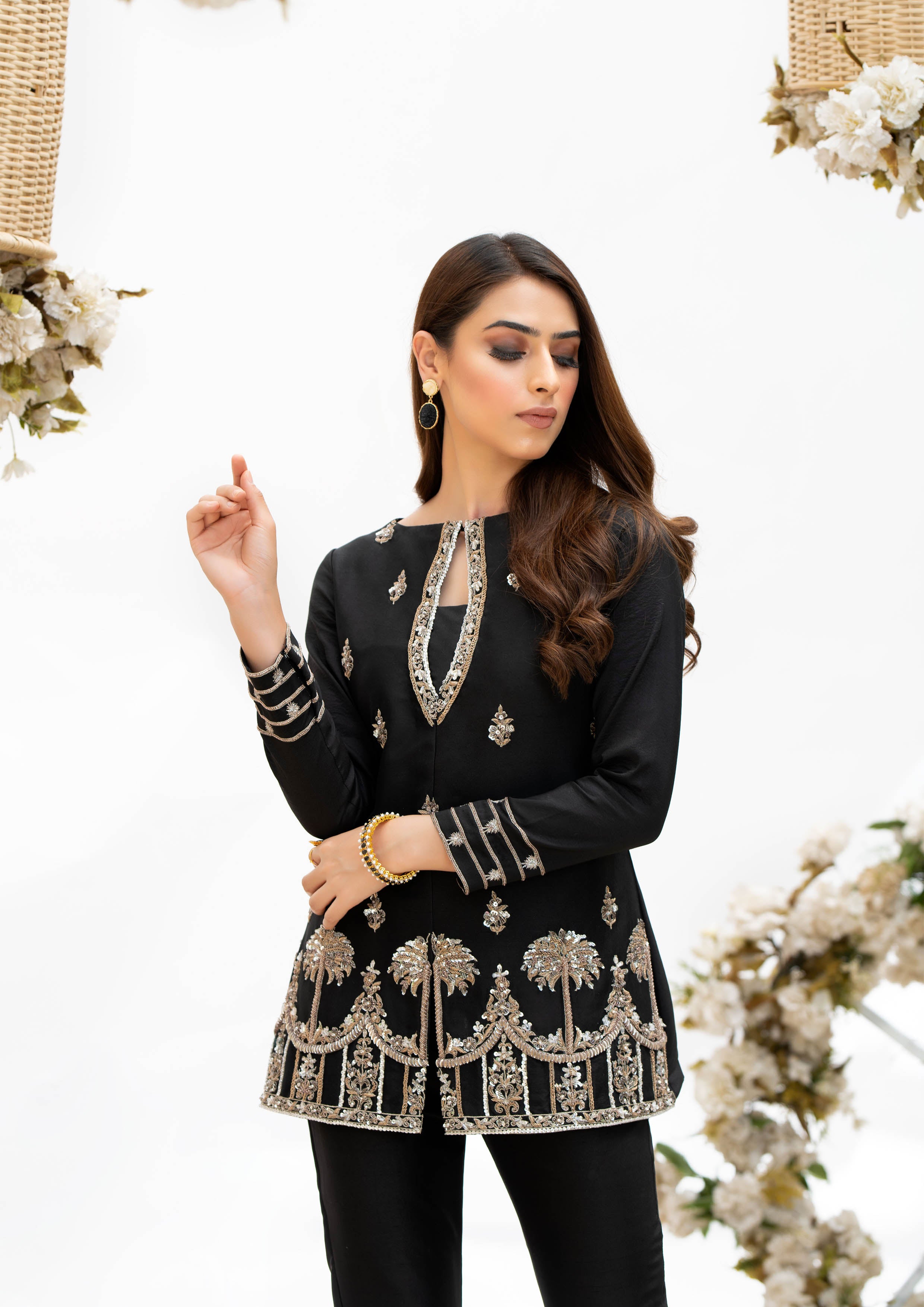 Pakistani Black Embellished Raw Silk Jacket & Kathan Pants (2-Piece) - Image 2