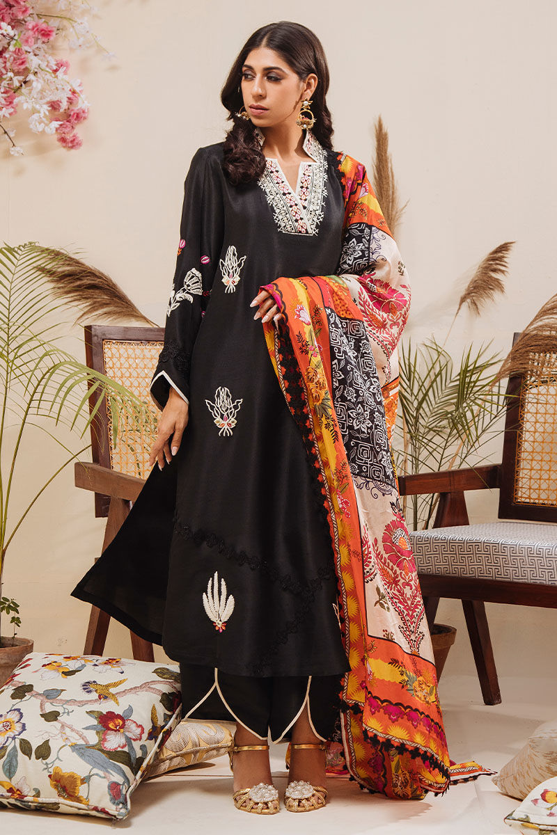 Pakistani Black Mirrorwork Pure Raw Silk Salwar Kameez (3-Piece) - Image 1