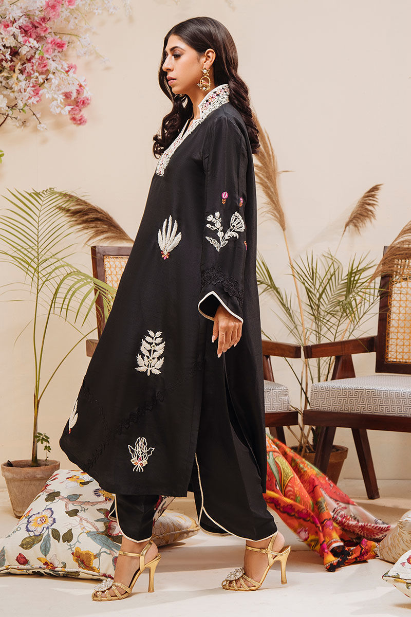 Pakistani Black Mirrorwork Pure Raw Silk Salwar Kameez (3-Piece) - Image 2