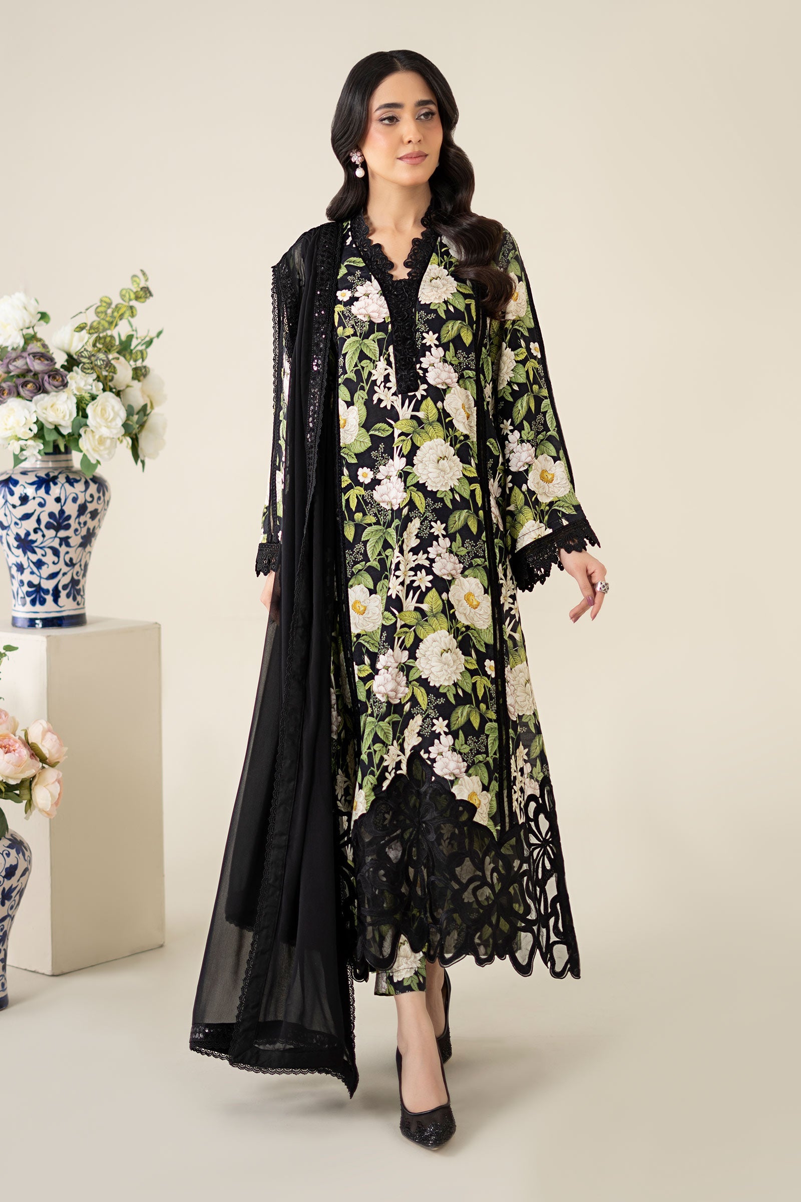 Black Printed Raw Silk Salwar Kameez (3-Piece) - Image 2