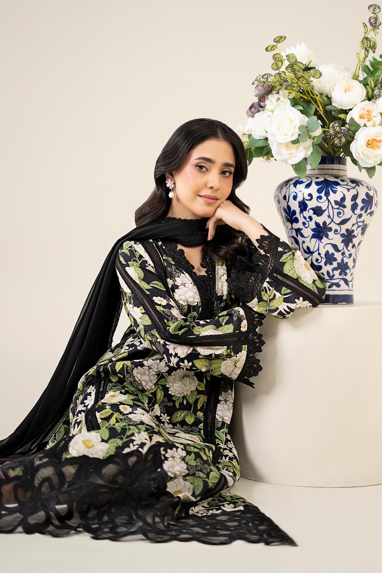 Black Printed Raw Silk Salwar Kameez (3-Piece) - Image 4