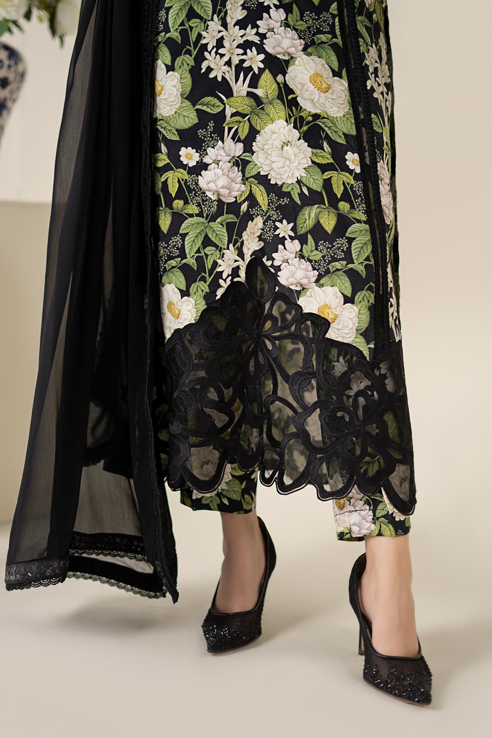 Black Printed Raw Silk Salwar Kameez (3-Piece) - Image 6