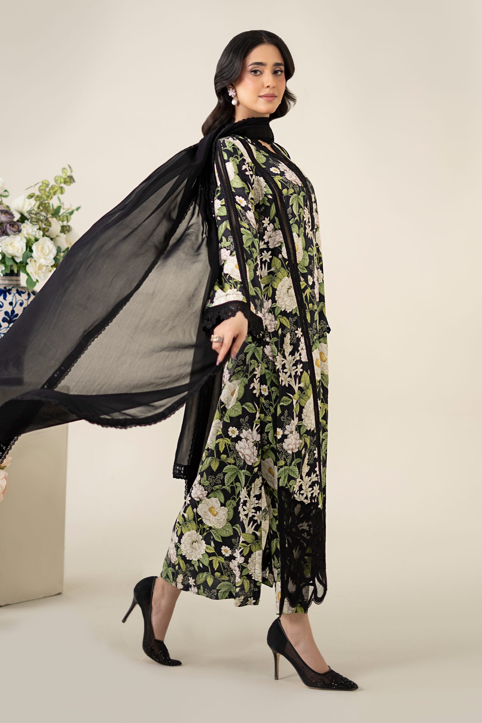 Black Printed Raw Silk Salwar Kameez (3-Piece) - Image 7