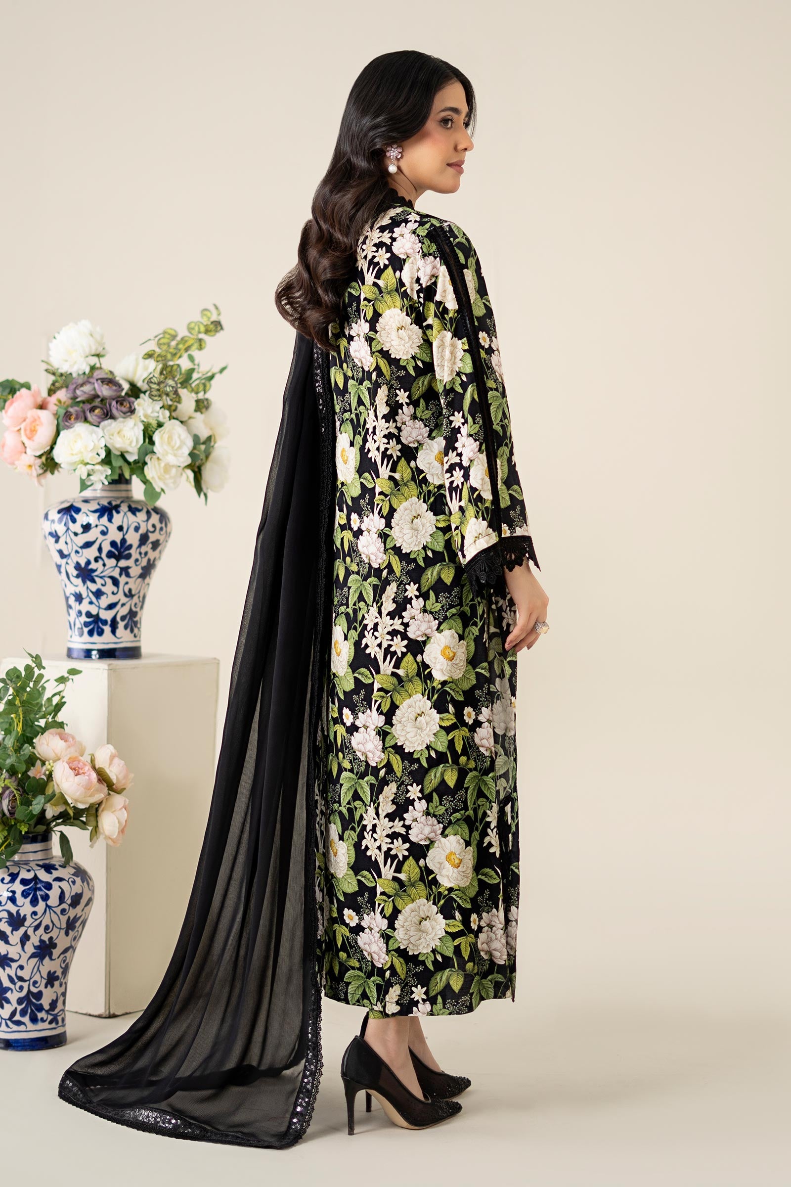 Black Printed Raw Silk Salwar Kameez (3-Piece) - Image 8