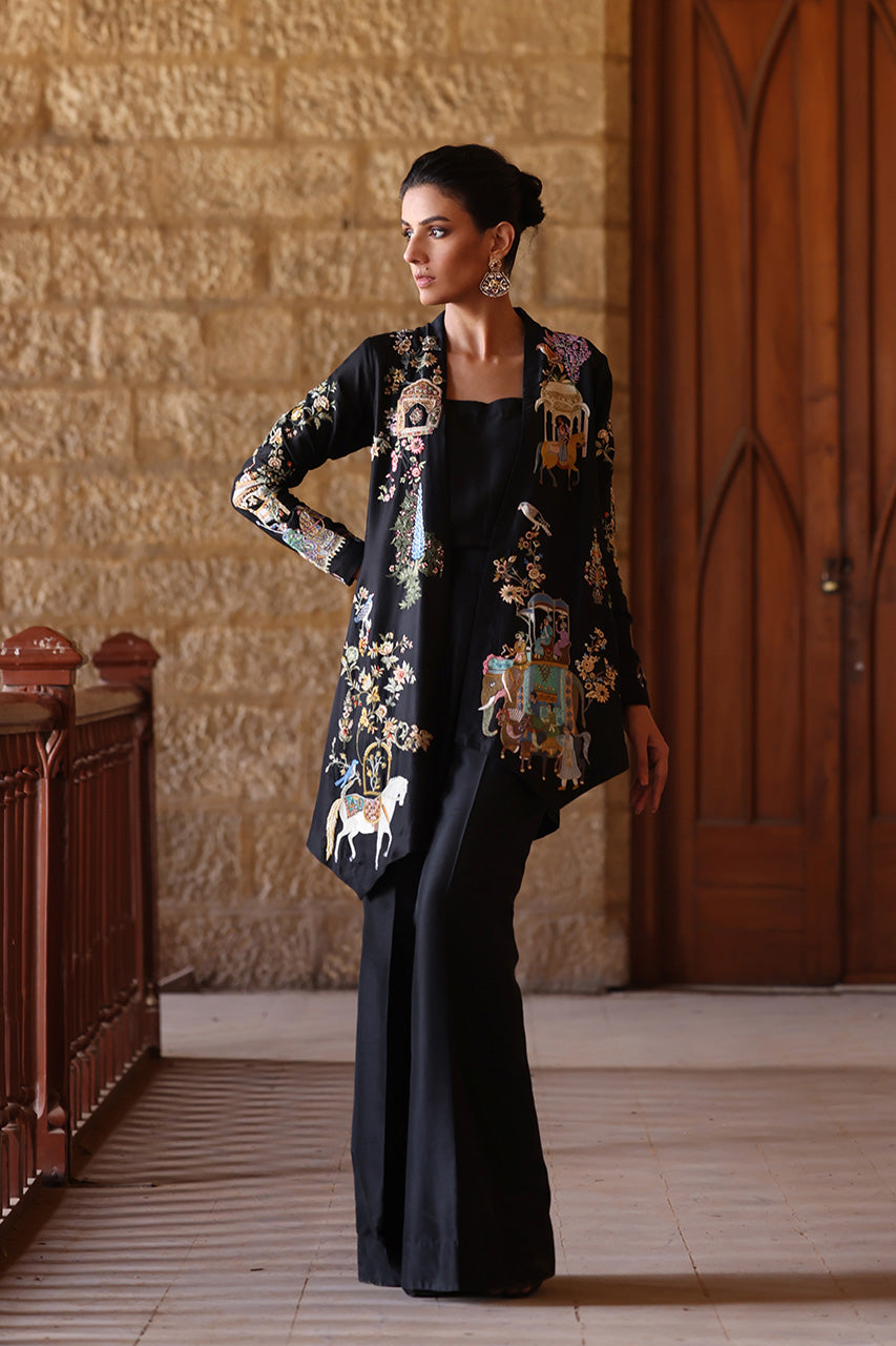 Black Mughal-Inspired Embroidered Raw Silk Jacket Set (3-Piece) - Image 1