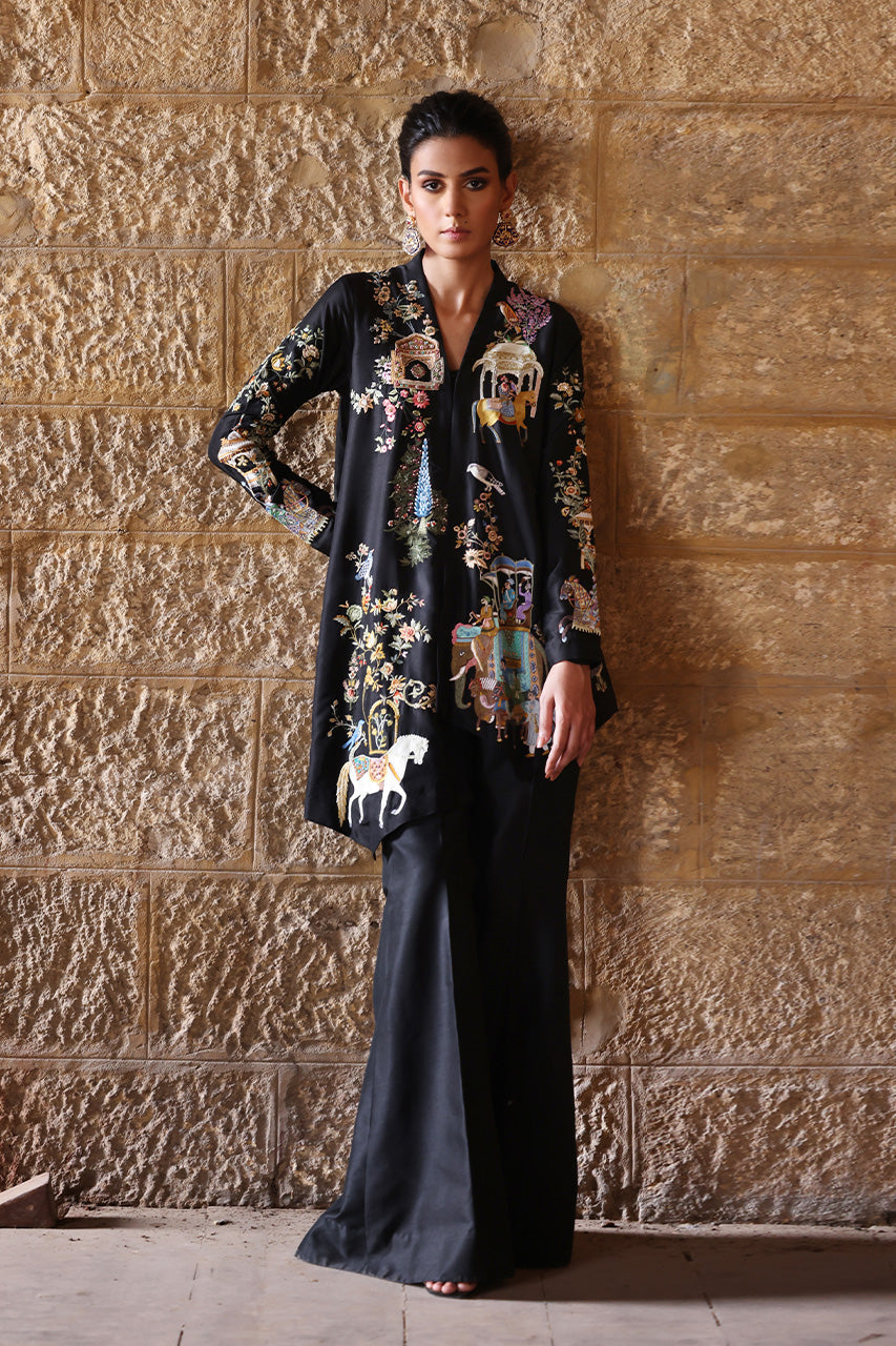 Black Mughal-Inspired Embroidered Raw Silk Jacket Set (3-Piece) - Image 4