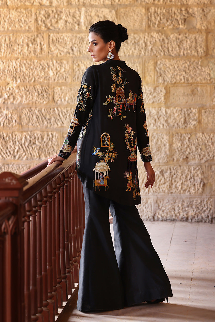 Black Mughal-Inspired Embroidered Raw Silk Jacket Set (3-Piece) - Image 5
