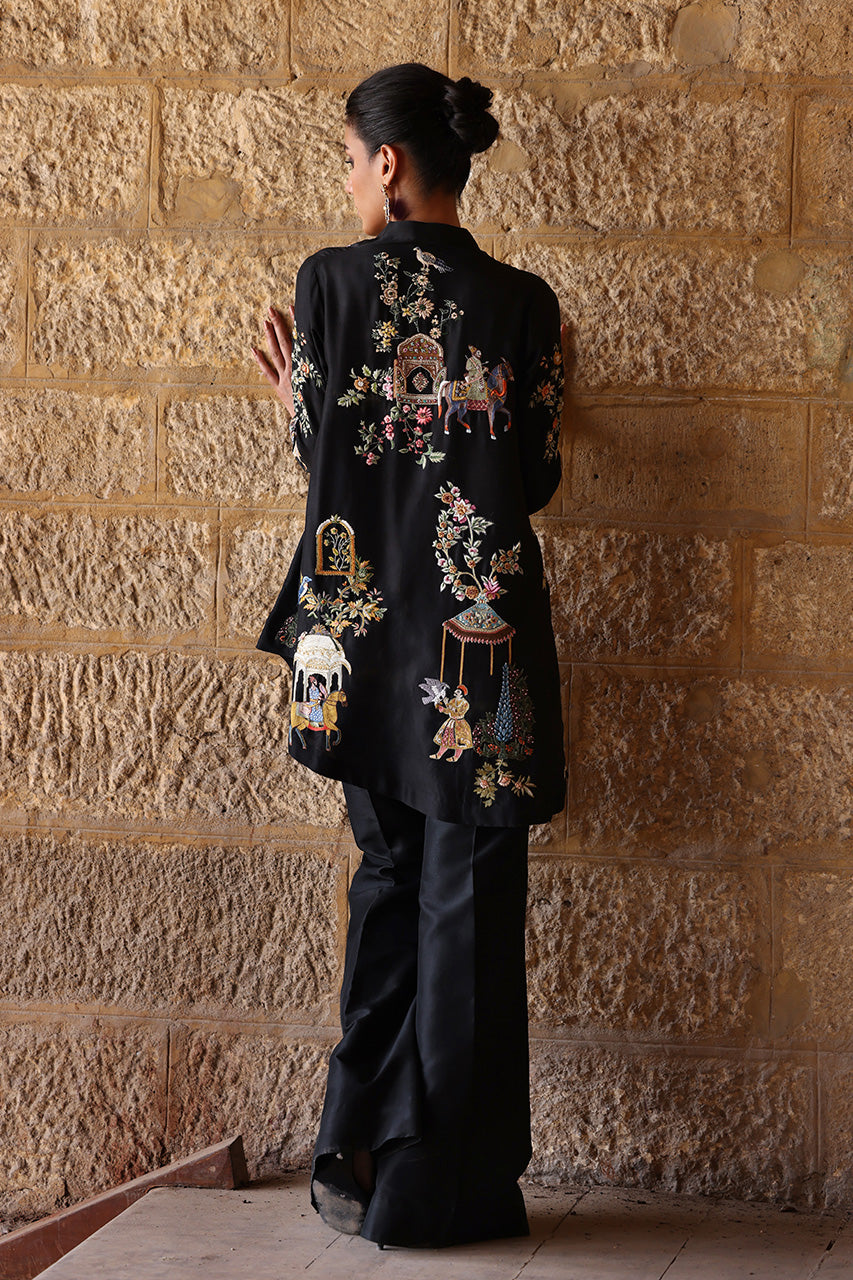 Pakistani Black Resham Embroidered Raw Silk Jacket Set (3-Piece) - Image 2