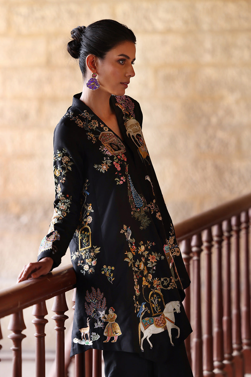 Pakistani Black Resham Embroidered Raw Silk Jacket Set (3-Piece) - Image 3