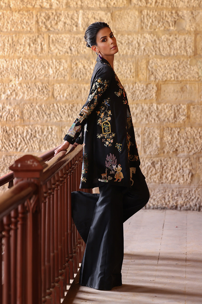 Pakistani Black Resham Embroidered Raw Silk Jacket Set (3-Piece) - Image 6