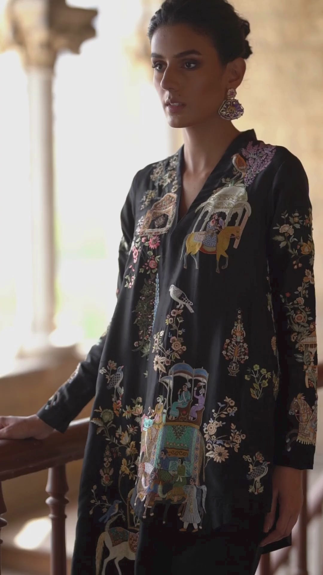 Pakistani Black Resham Embroidered Raw Silk Jacket Set (3-Piece) - Image 7