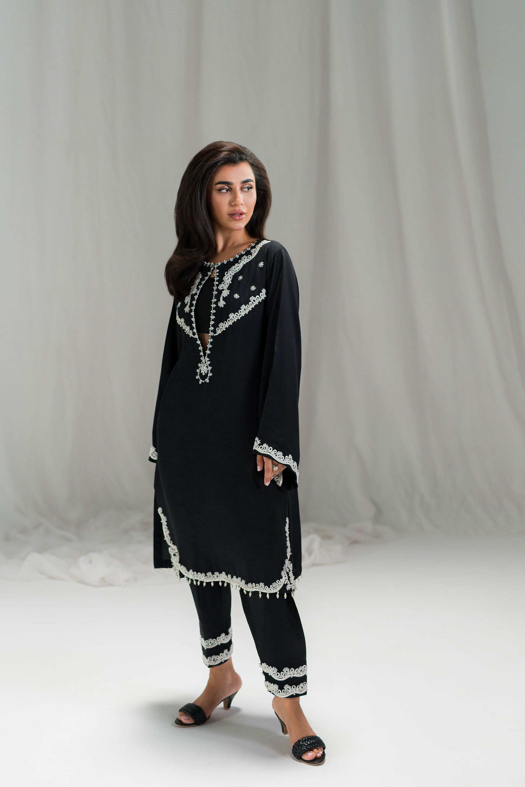 Black Embellished Pure Raw Silk Salwar Kameez (3-Piece) - Image 1