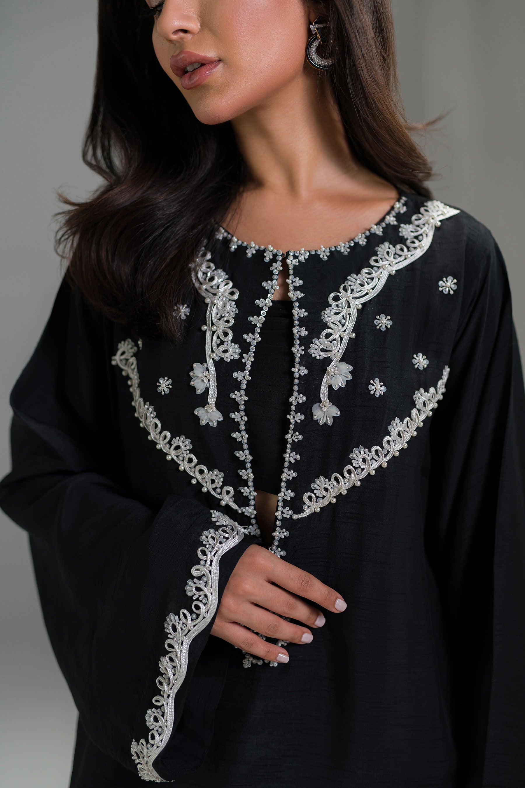 Black Embellished Pure Raw Silk Salwar Kameez (3-Piece) - Image 5