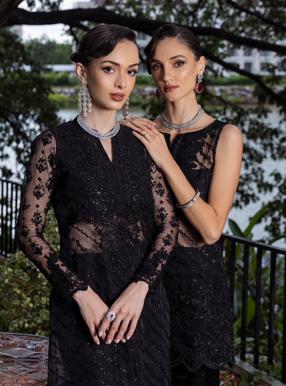 Pakistani Black Sequin Embroidered Raw Silk Salwar Kameez (3-Piece) - Image 3