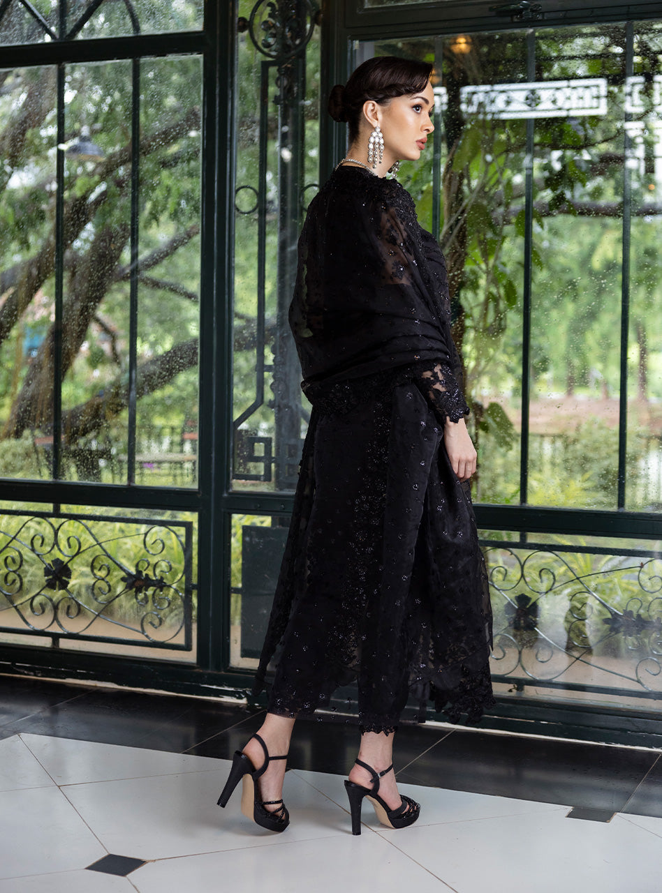 Pakistani Black Sequin Embroidered Raw Silk Salwar Kameez (3-Piece) - Image 2