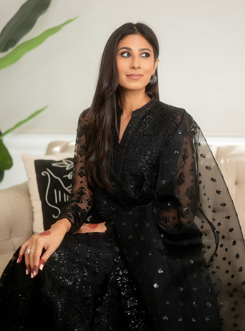 Pakistani Black Sequin Embroidered Raw Silk Salwar Kameez (3-Piece) - Image 4