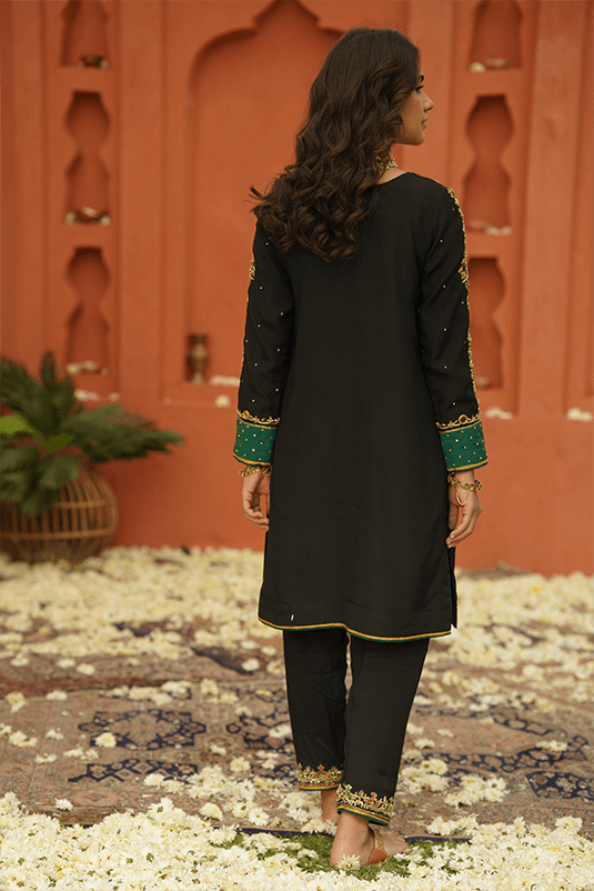 Black Hand Embellished PK Raw Silk Salwar Kameez (3-Piece) - Image 1