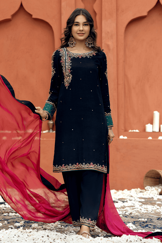Black Hand Embellished PK Raw Silk Salwar Kameez (3-Piece) - Image 2