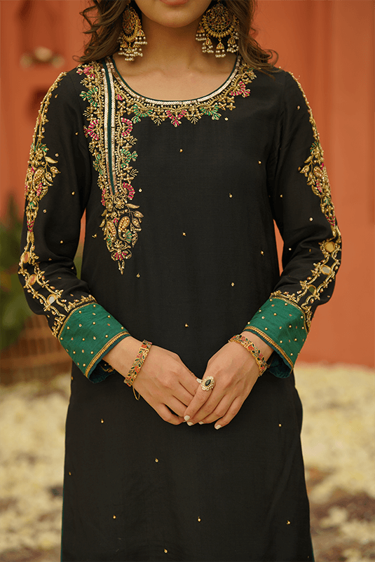 Black Hand Embellished PK Raw Silk Salwar Kameez (3-Piece) - Image 3