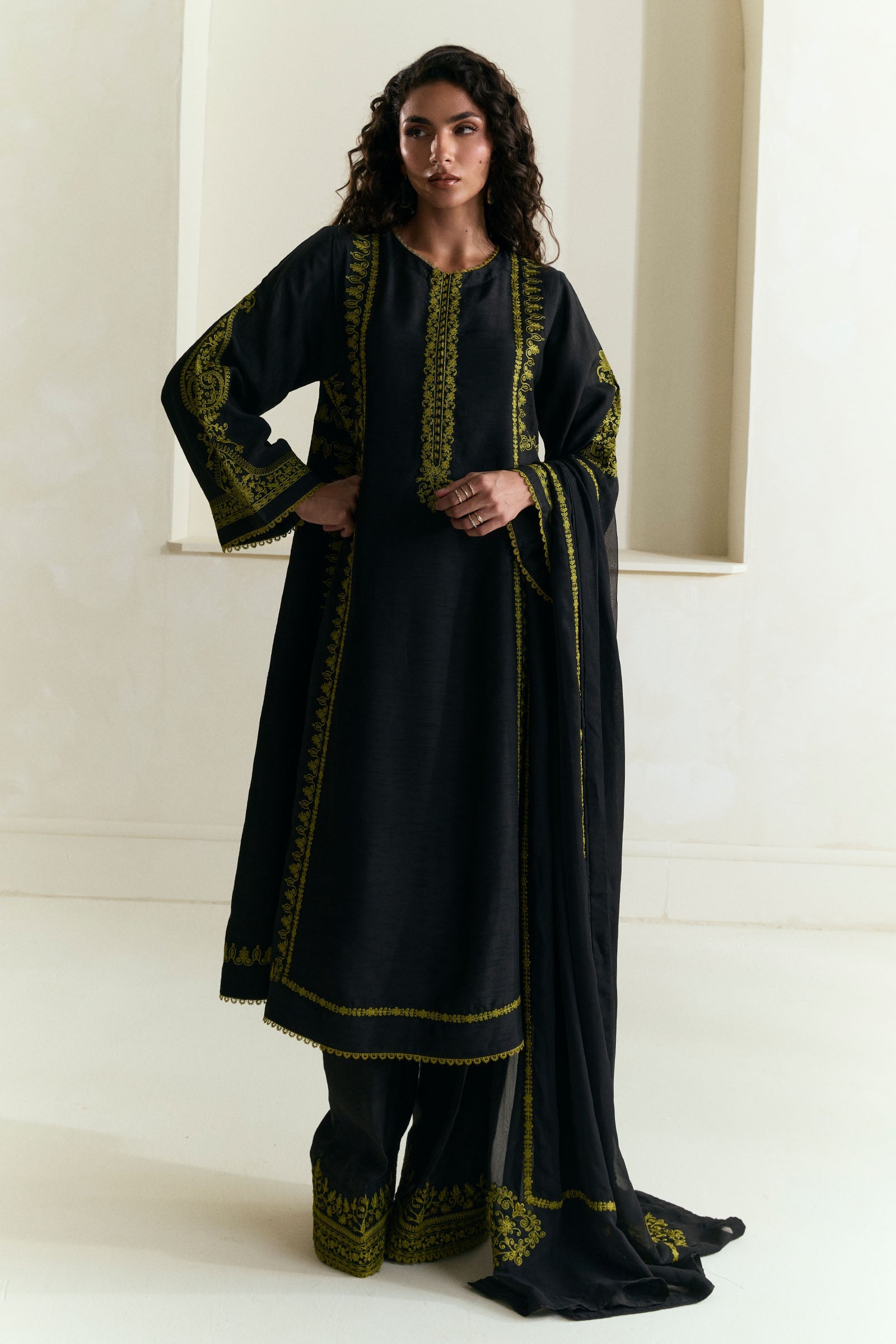 Pakistani Coal Black Embroidered Raw Silk Salwar Kameez (3-Piece) - Image 1