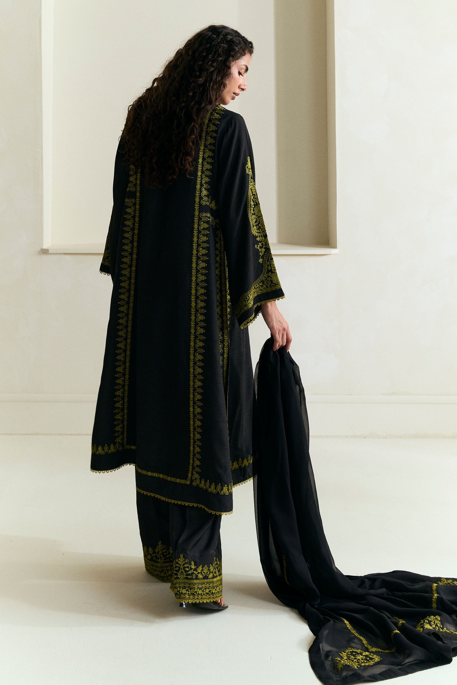Pakistani Coal Black Embroidered Raw Silk Salwar Kameez (3-Piece) - Image 2
