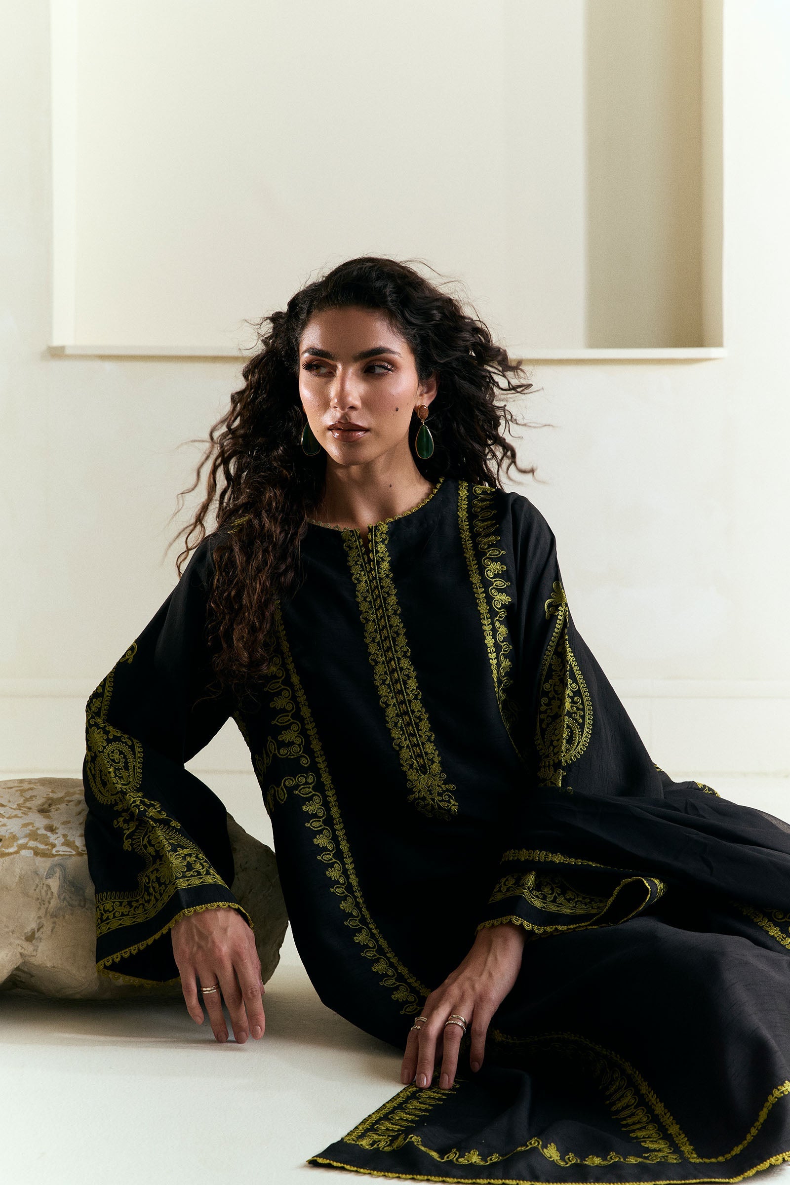 Pakistani Coal Black Embroidered Raw Silk Salwar Kameez (3-Piece) - Image 4