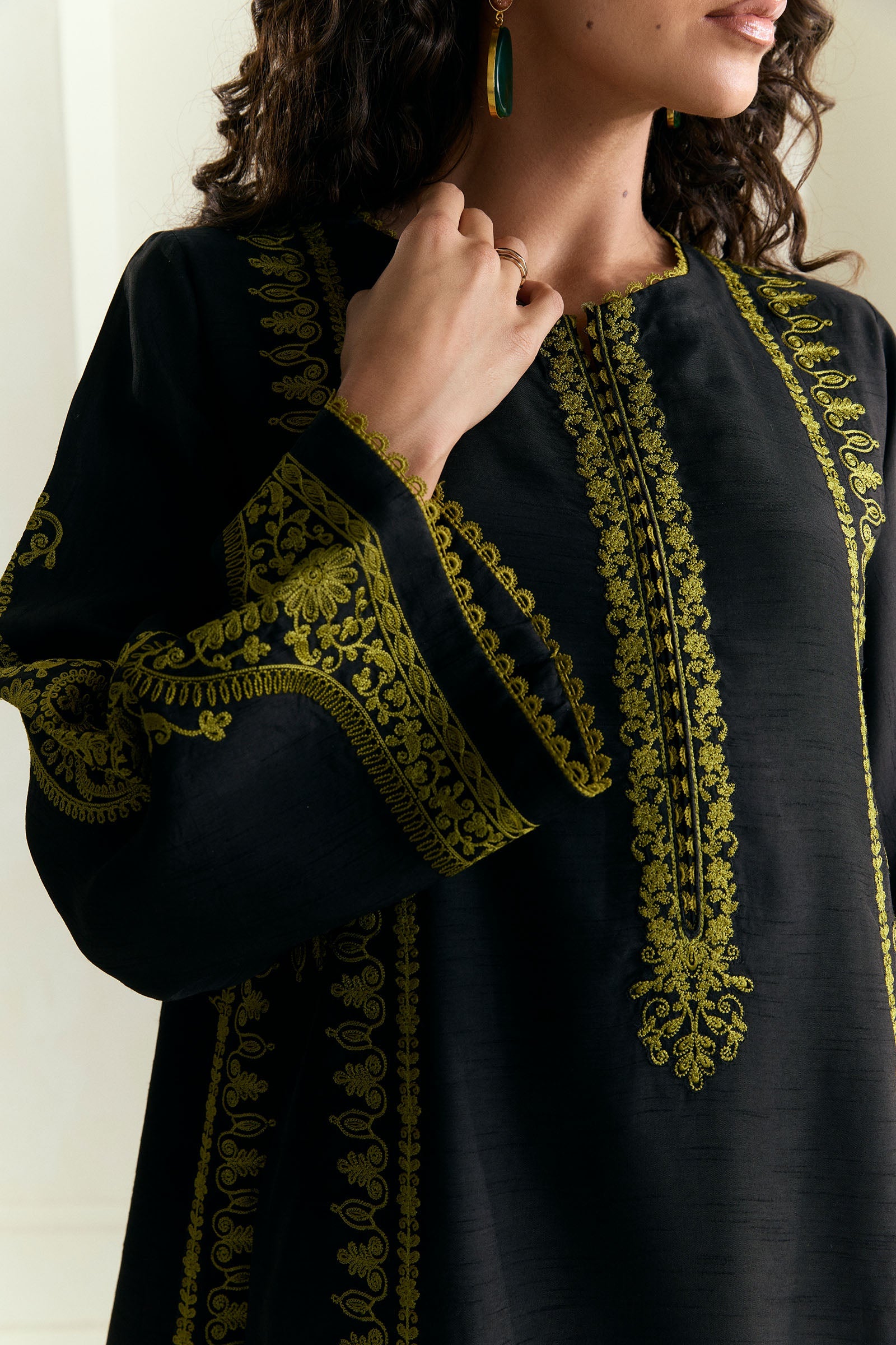 Pakistani Coal Black Embroidered Raw Silk Salwar Kameez (3-Piece) - Image 5