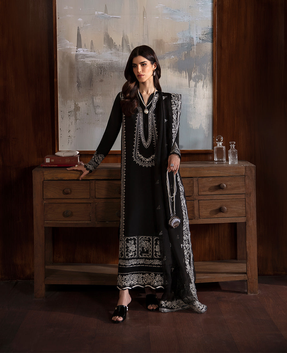 Black Embroidered Raw Silk Kurta Set (3-Piece) - Image 1