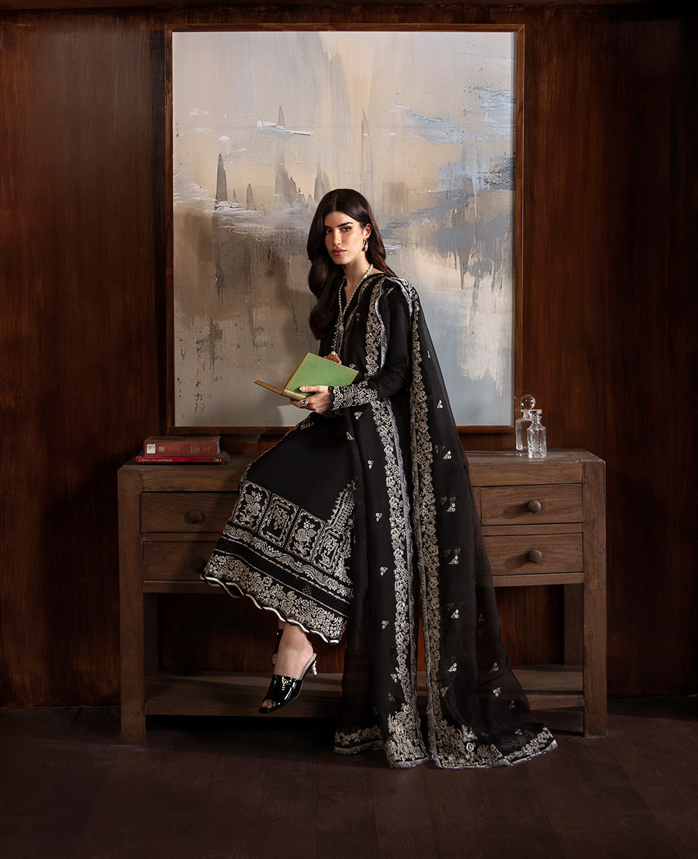 Black Embroidered Raw Silk Kurta Set (3-Piece) - Image 4