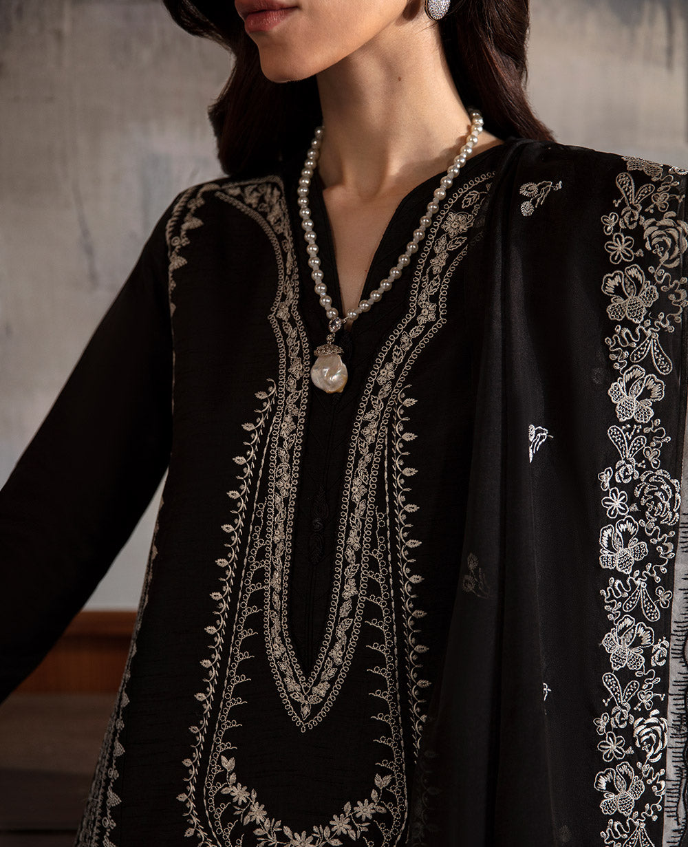 Black Embroidered Raw Silk Kurta Set (3-Piece) - Image 5