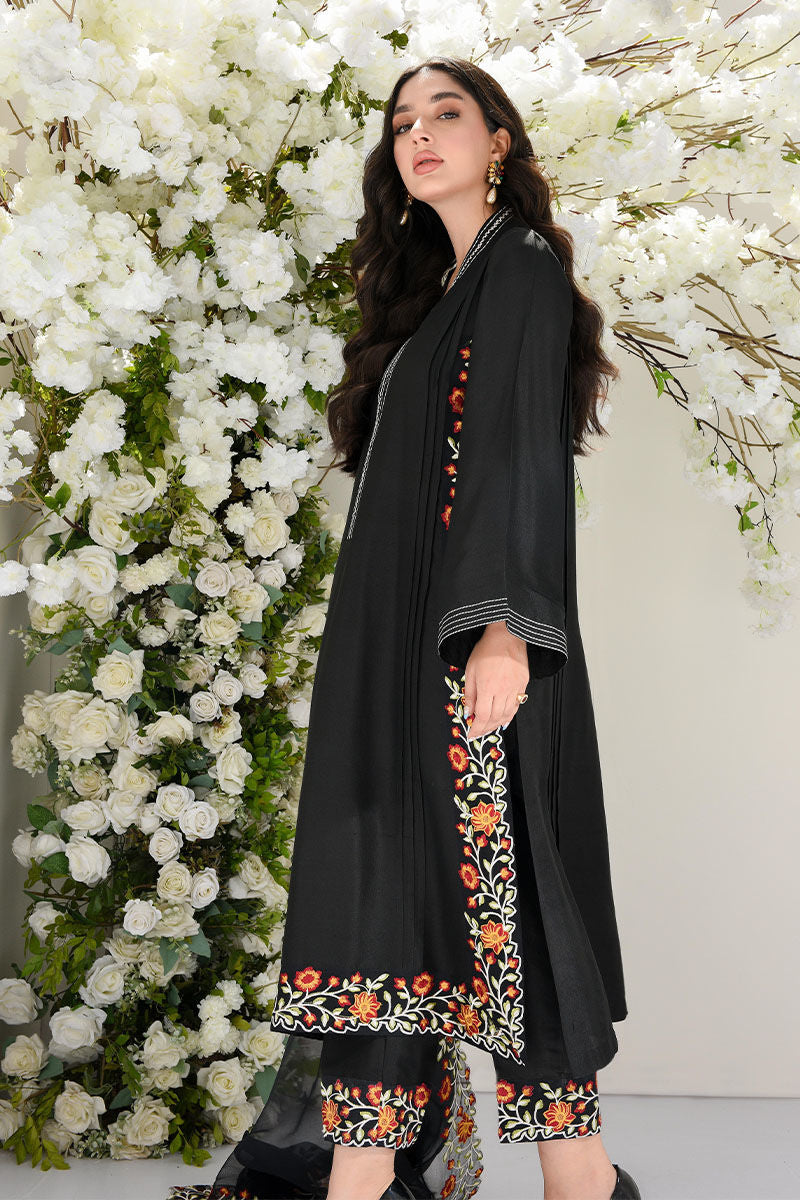Pakistani Black Embroidered Raw Silk Salwar Kameez (2-Piece) - Image 2