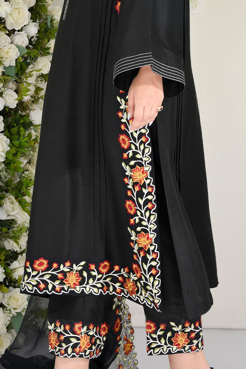 Pakistani Black Embroidered Raw Silk Salwar Kameez (2-Piece) - Image 5