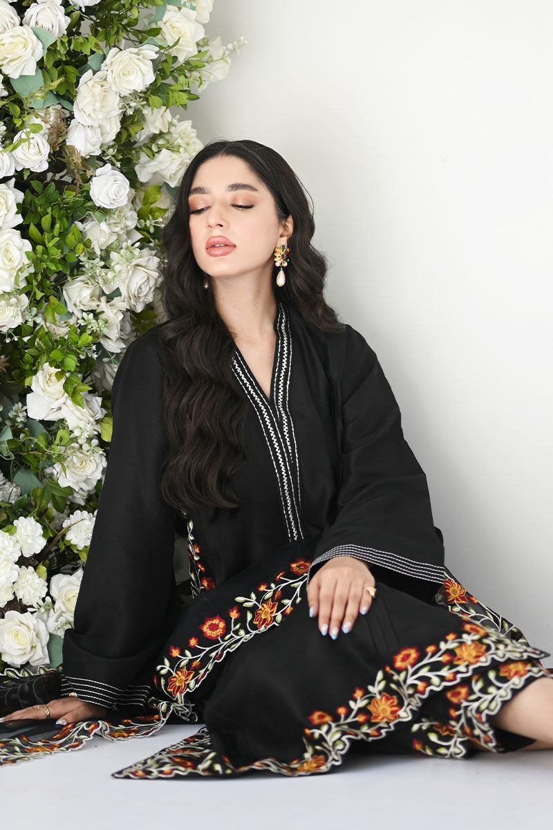 Pakistani Black Embroidered Raw Silk Salwar Kameez (2-Piece) - Image 6