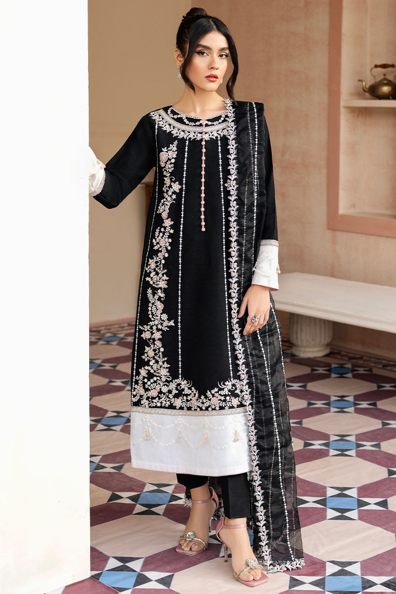 Black Embroidered Raw Silk Salwar Kameez (3-Piece) - Image 1