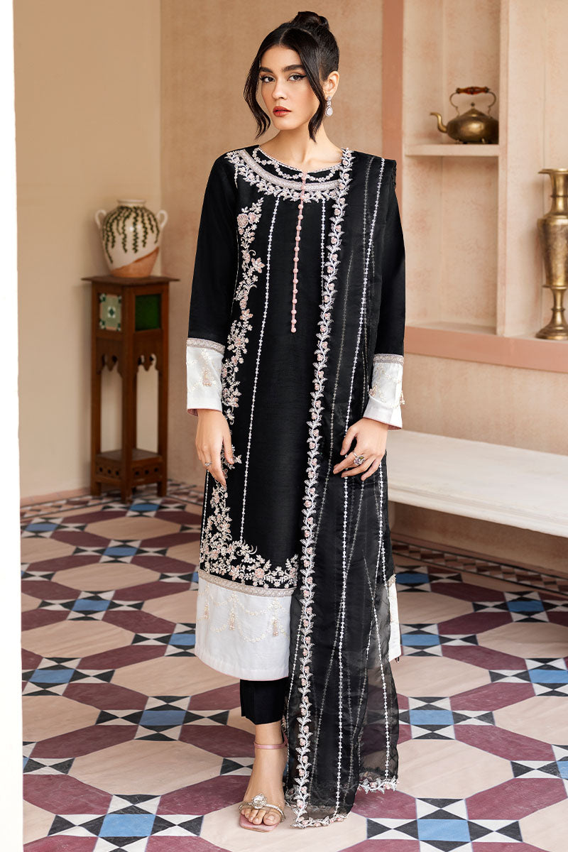 Black Embroidered Raw Silk Salwar Kameez (3-Piece) - Image 2