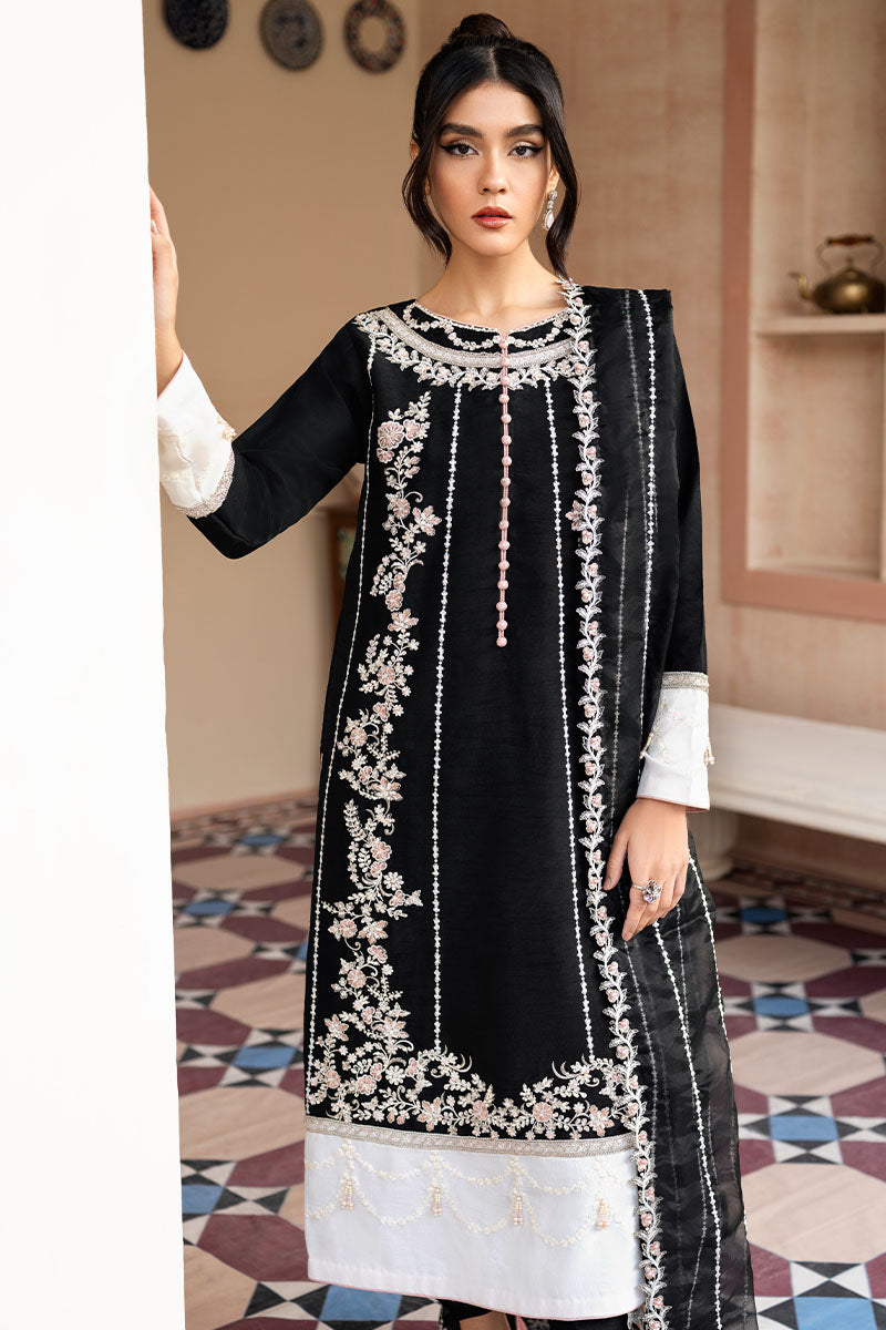 Black Embroidered Raw Silk Salwar Kameez (3-Piece) - Image 3