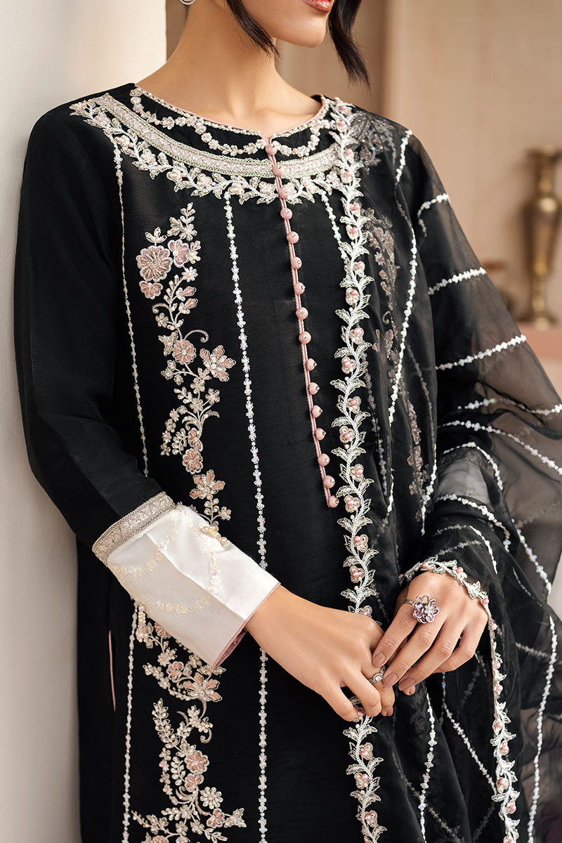 Black Embroidered Raw Silk Salwar Kameez (3-Piece) - Image 5