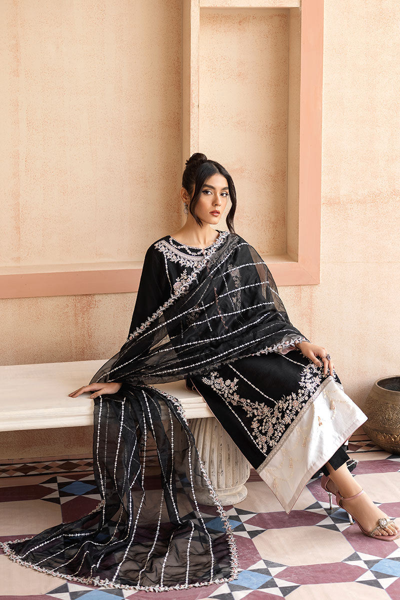 Black Embroidered Raw Silk Salwar Kameez (3-Piece) - Image 6