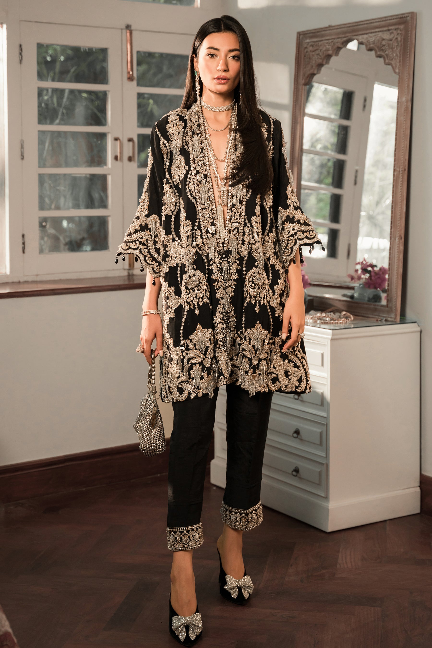 Pakistani Black Embroidered Blended Raw Silk Salwar Kameez (2-Piece) - Image 1
