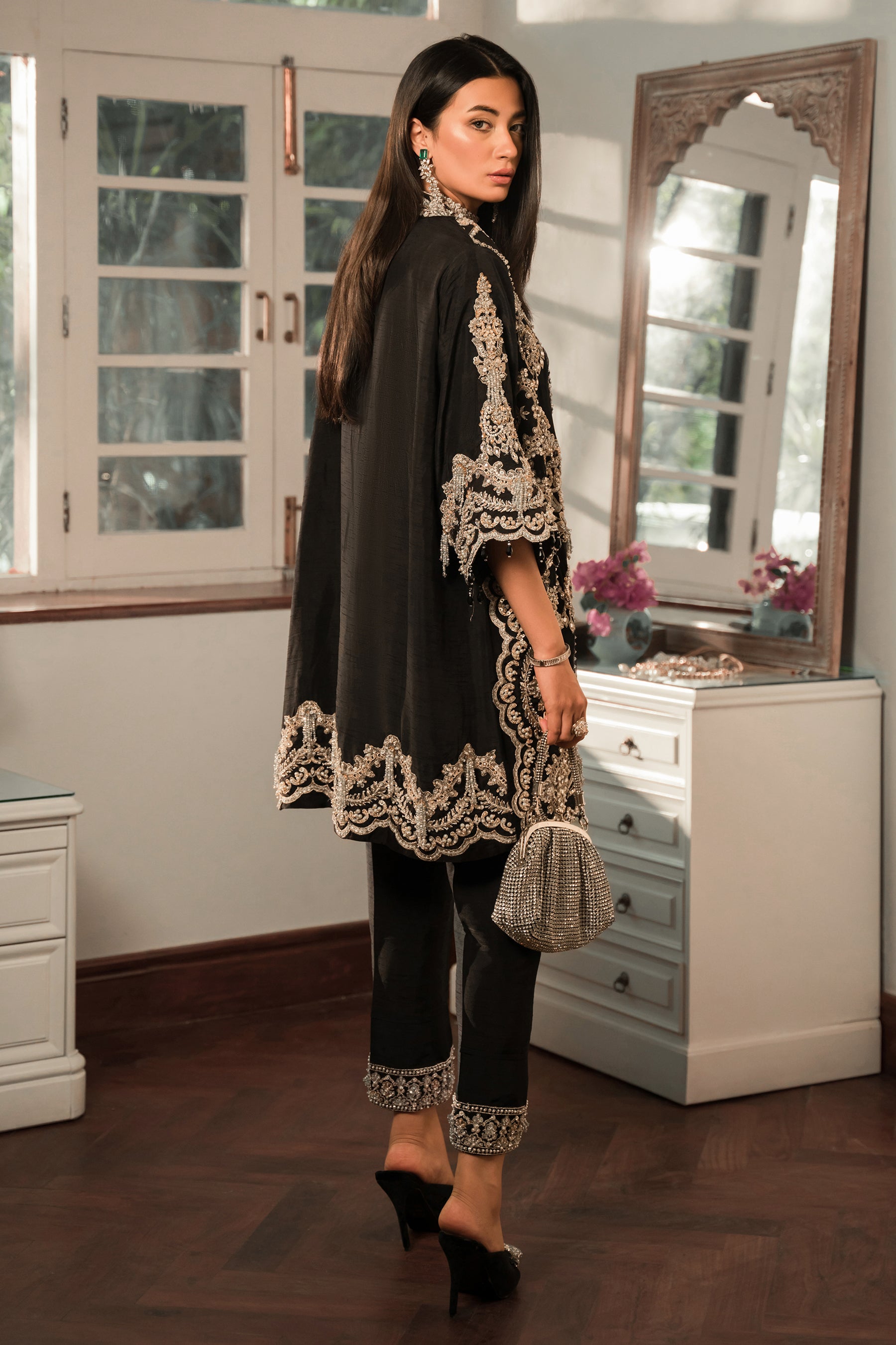 Pakistani Black Embroidered Blended Raw Silk Salwar Kameez (2-Piece) - Image 2