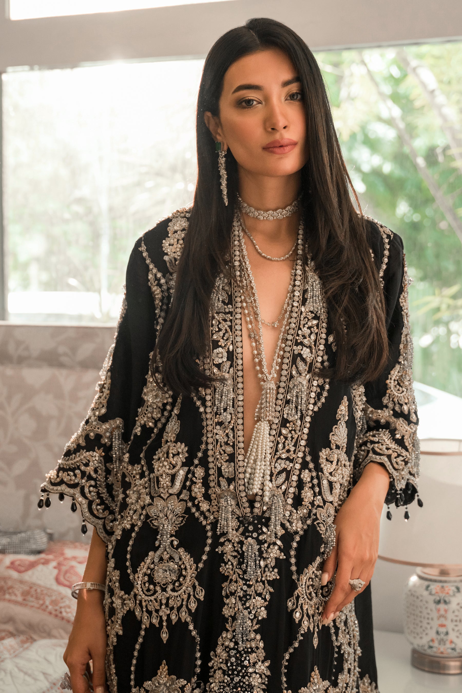 Pakistani Black Embroidered Blended Raw Silk Salwar Kameez (2-Piece) - Image 3