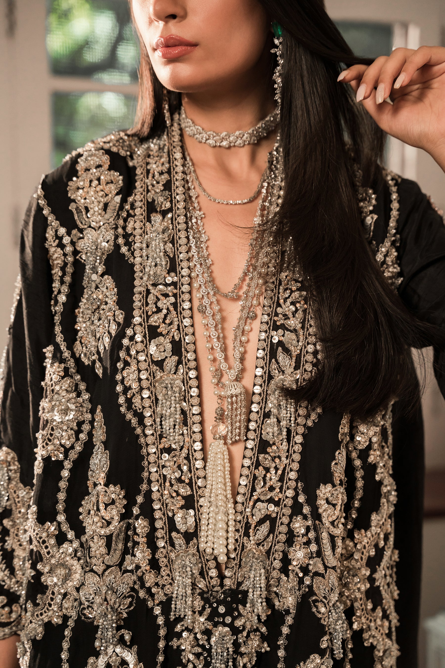 Pakistani Black Embroidered Blended Raw Silk Salwar Kameez (2-Piece) - Image 4