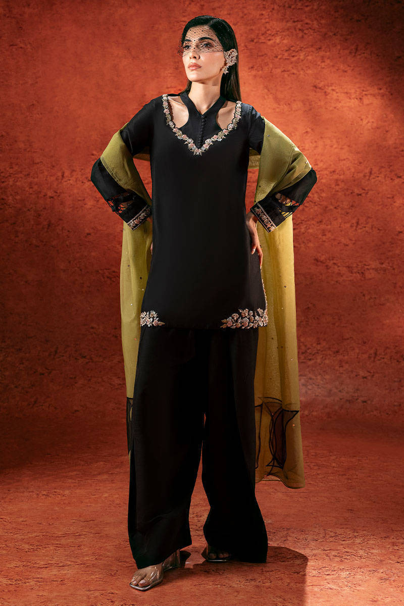 Pakistani Black Embellished Raw Silk Salwar Kameez (3-Piece) - Image 1