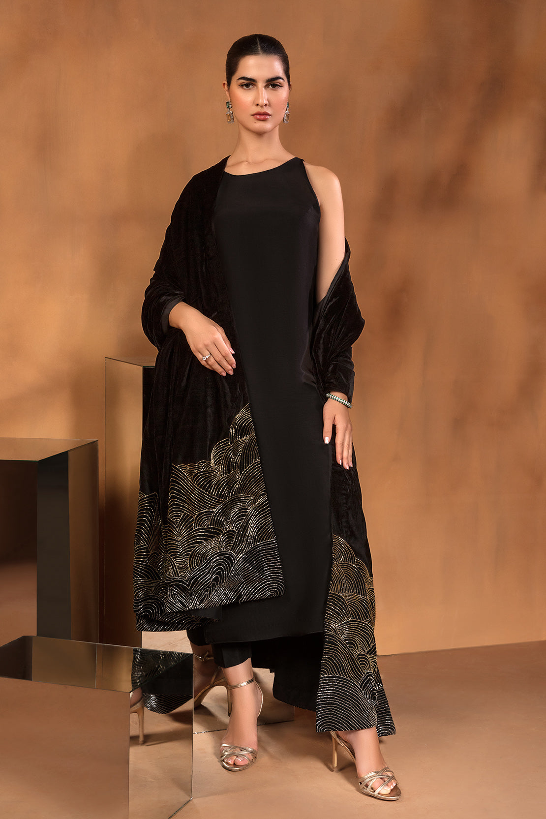 Black Swarovski Embellished Raw Silk Salwar Kameez (3-Piece) - Image 1