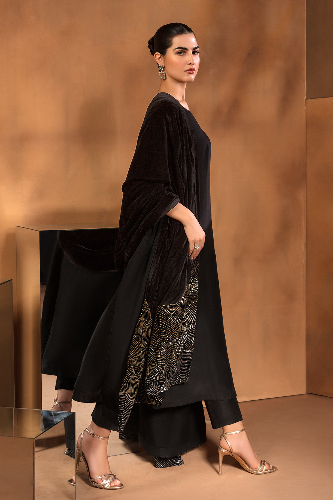 Black Swarovski Embellished Raw Silk Salwar Kameez (3-Piece) - Image 2