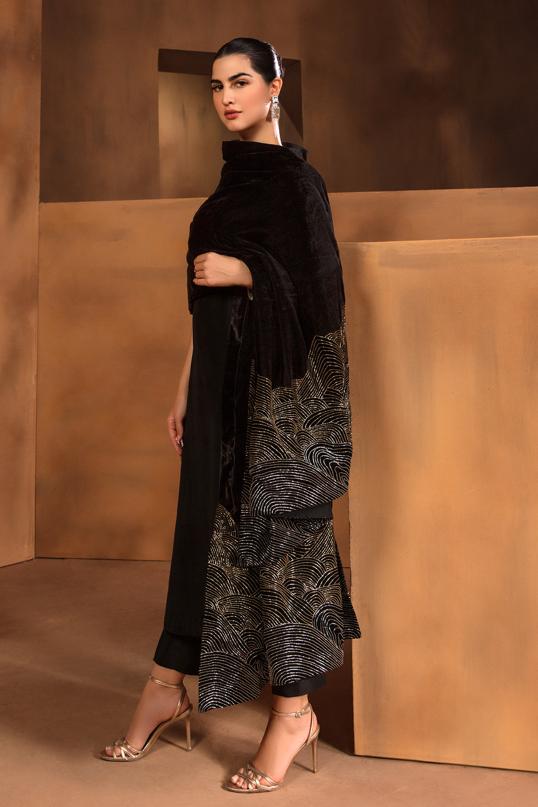 Black Swarovski Embellished Raw Silk Salwar Kameez (3-Piece) - Image 3