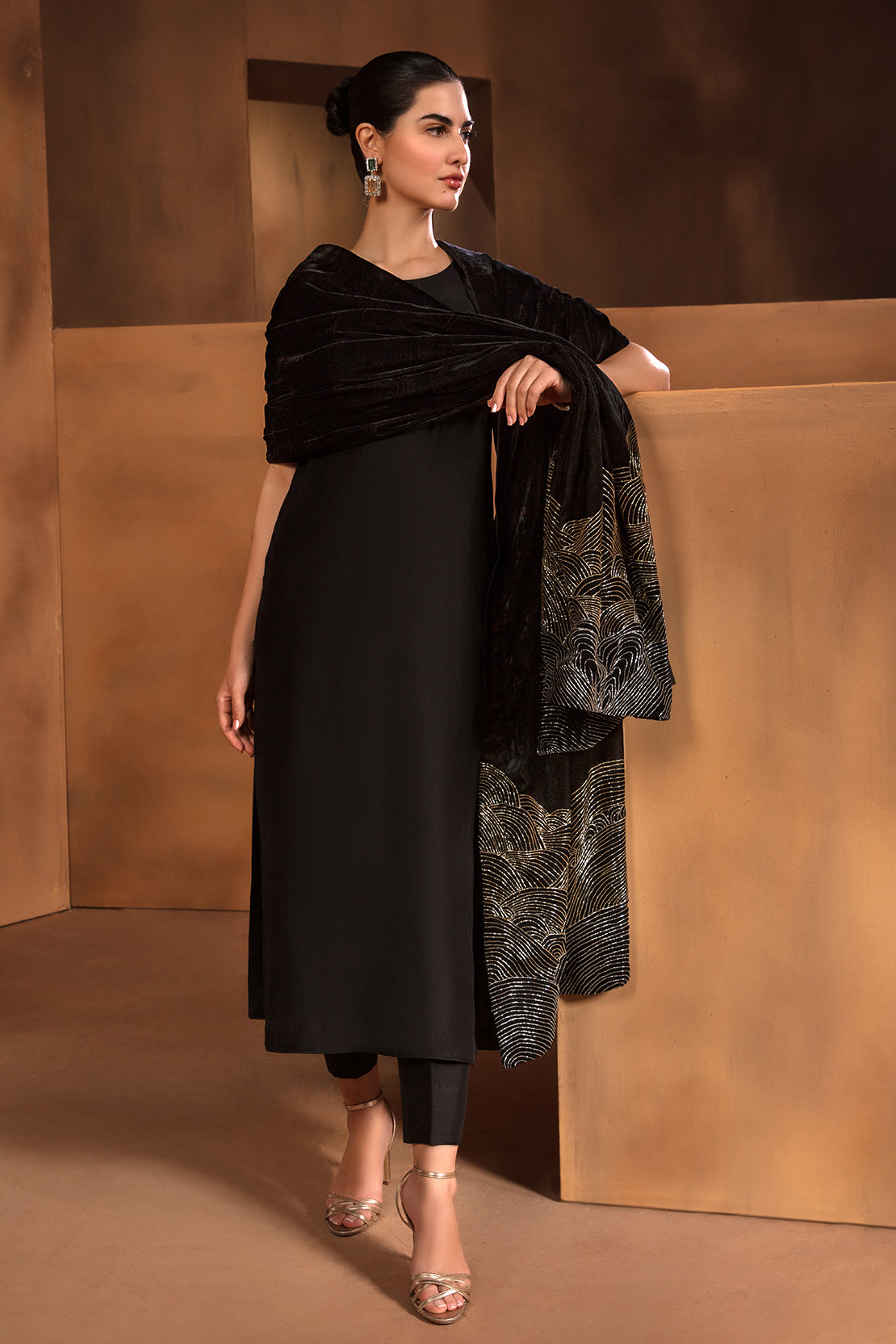 Black Swarovski Embellished Raw Silk Salwar Kameez (3-Piece) - Image 4