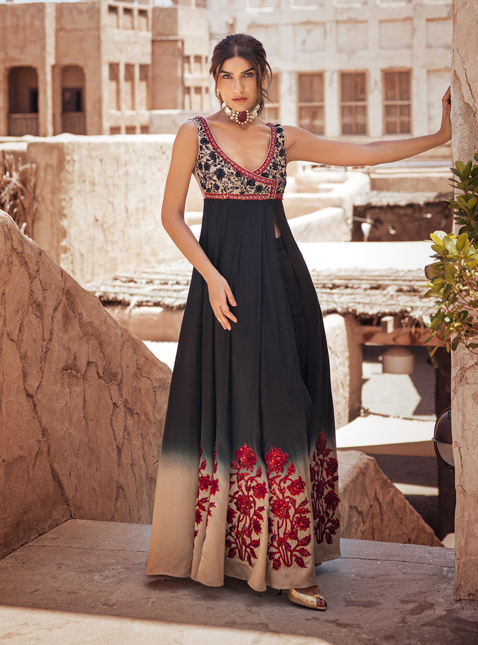 Pakistani Black and Beige Embroidered Raw Silk Kameez (2-Piece) - Image 1