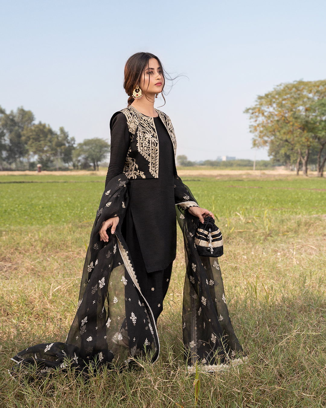 Black Embroidered Organza Koti Korean Raw Silk Salwar Kameez (3-Piece) - Image 1